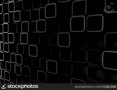 3d rendering. Stack of random black hole square blocks wall background in perspective view.