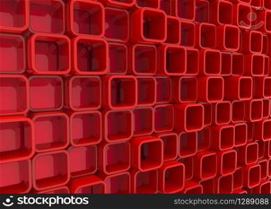 3d rendering. Stack of random red hole square blocks wall background in perspective view.