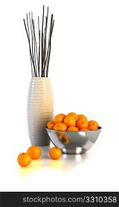 3d rendering still life with vases and oranges