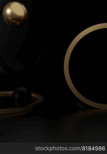3D Rendering Studio Shot Product Display Background with Black and Gold Spheres, Plates and Rings for Festive Luxury Products.