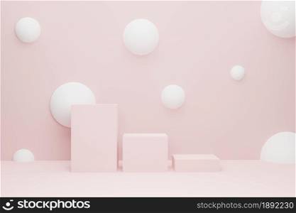 3d rendering studio with shapes, podium on the floor. Platforms for product presentation, mock up background. Abstract composition in minimal design. 3D render.