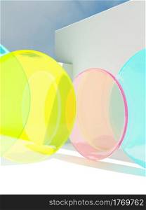 3D Rendering Summer Theme Abstract Circle Neon Acrylic Plates under Sunlight Background for Beauty, Skincare and Healthcare Product Display.