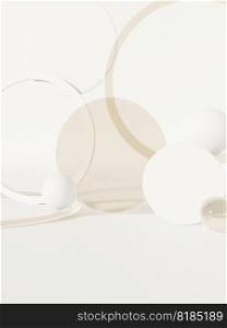 3D Rendering Sunlight and Semi Transparent Circle Plates or Spheres Product Display Background for Skincare or Healthcare Products. Simple Matte White and Beige