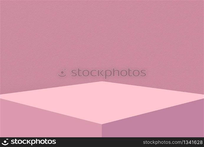 3d rendering. Sweet blank pastel pink color cube box design with wall background.