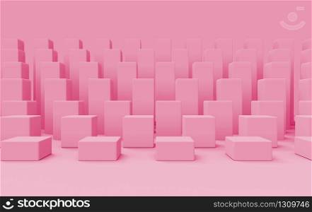 3d rendering. Sweet pastel pink color cube box bar stack on floor design background.