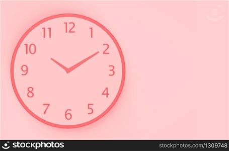 3d rendering. sweet pink color calssic ten minutes pass ten clock on wall background.