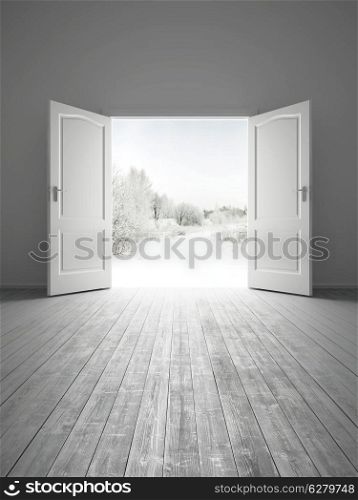 3d rendering the empty white room with opened door