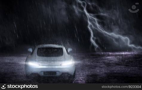 3D rendering the white sports car that focuses on the back, runs on a road with rain and lightning at night, motion blur concept.