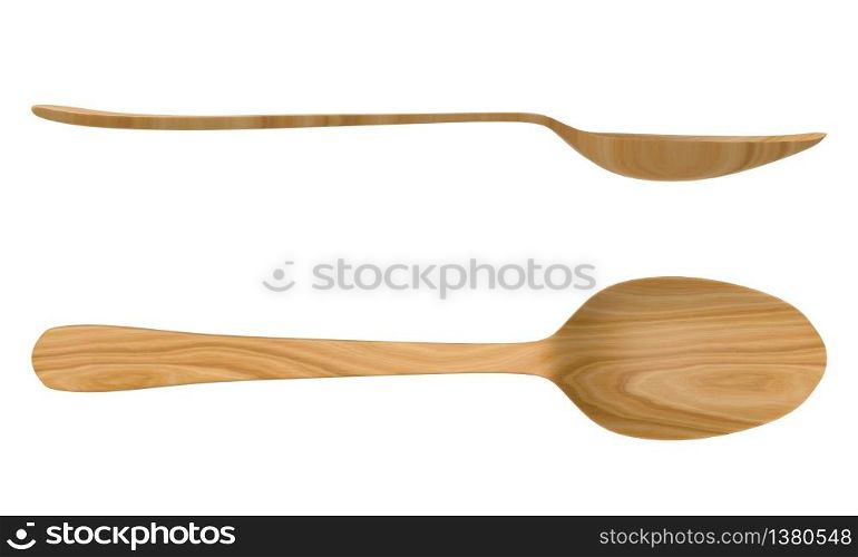 3d rendering. top and side view set of Wood spoon with clipping path isolated on white background.