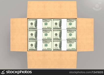 3d rendering. Top view of US 100 dollar banknote stacks in opened paper borwn box on copy space gray background.