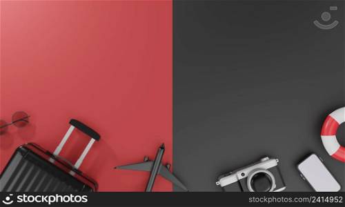 3d rendering. Traveling concept suitcase camera airplane smartphone sunglasses and life Buoy on black and red background.