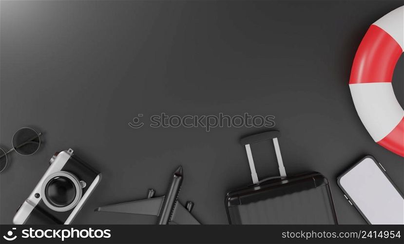 3d rendering. Traveling concept suitcase camera airplane smartphone sunglasses and life Buoy on black background.