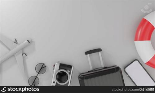 3d rendering. Traveling concept suitcase camera airplane smartphone sunglasses and life Buoy on grey background.
