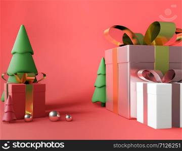 3D rendering tree square gift box and metallic pink golden bow-ribbon,balls and tree,red background ,christmas