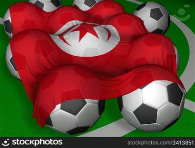 3D-rendering Tunisia flag and soccer-balls - competitor of World Championship