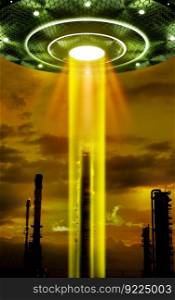 3D Rendering UFO Shoots beams of energy to absorb energy from energy sources.