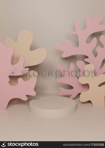3D Rendering Underwater Theme Paper Cut Coral and Seaweed Product Display Background for Skincare, Health and Medical Products. Pink and Beige Colors.