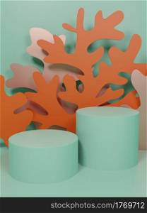 3D Rendering Underwater Theme Paper Cut Coral and Seaweed Product Display Background for Skincare, Health and Medical Products. Pink, Mint and Orange Colors.