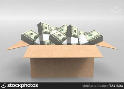 3d rendering. US 100 dollar banknote stacks in opened paper borwn box on copy space gray background.