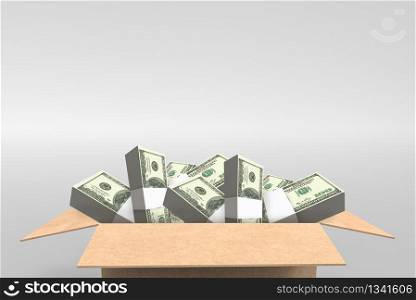 3d rendering. US 100 dollar banknote stacks in opened paper borwn box on copy space gray background.