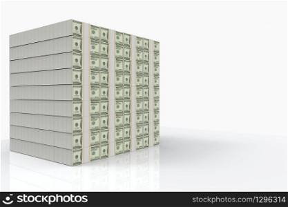 3d rendering. US hundred dollar banknote stack on copy sapce gray background.