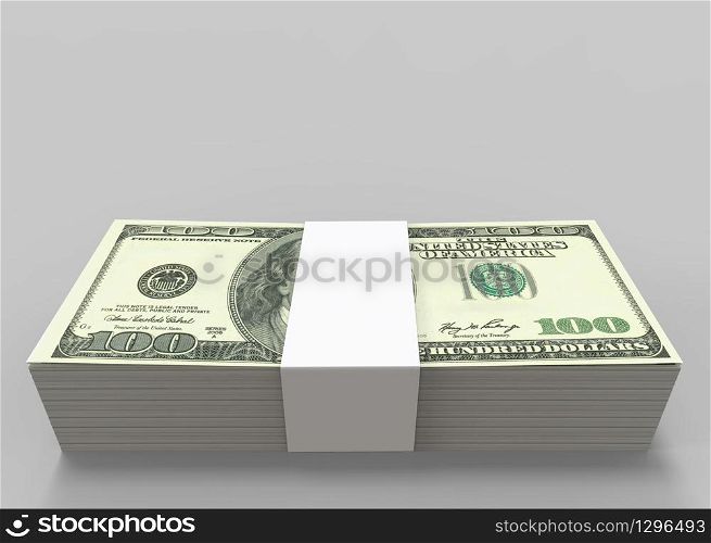 3d rendering. Usa one hundred Dollar currency banknotes stack on gray copy space background.