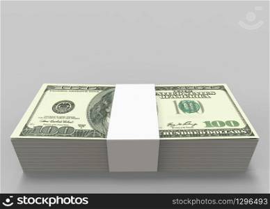 3d rendering. Usa one hundred Dollar currency banknotes stack on gray copy space background.