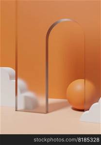 3D Rendering Vibrant Colors Minimal Geometric or Abstract with Cloud and Transparent Door Props Product Display Background for Beauty or Fashionable Products. Orange.