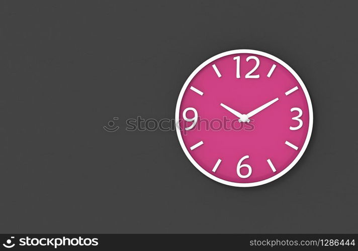 3d rendering. victory sign time of modern pink clock on dark copy space cement wall background.