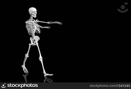 3d rendering. walking Ghost human skull skeleton bones on black background. Horror Halloween concept.