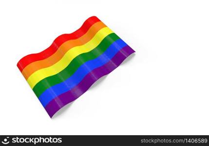 3d rendering. waving LGBTQ+ rainbow color Flag on white wall background.