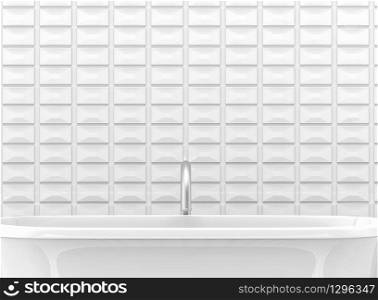3d rendering. White bath tub and metal faucet with Rectangular ceramic tiles wall as background.