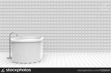 3d rendering. White bath tub square ceramic tiles room wall as background.