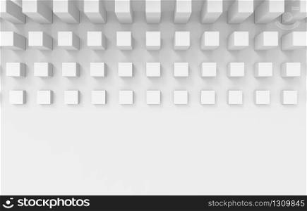 3d rendering. White cube group on white wall design background.