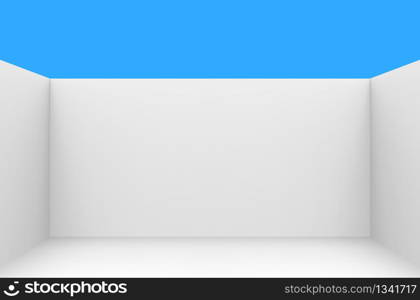 3d rendering. White empty corner room with clear blue sky as background.