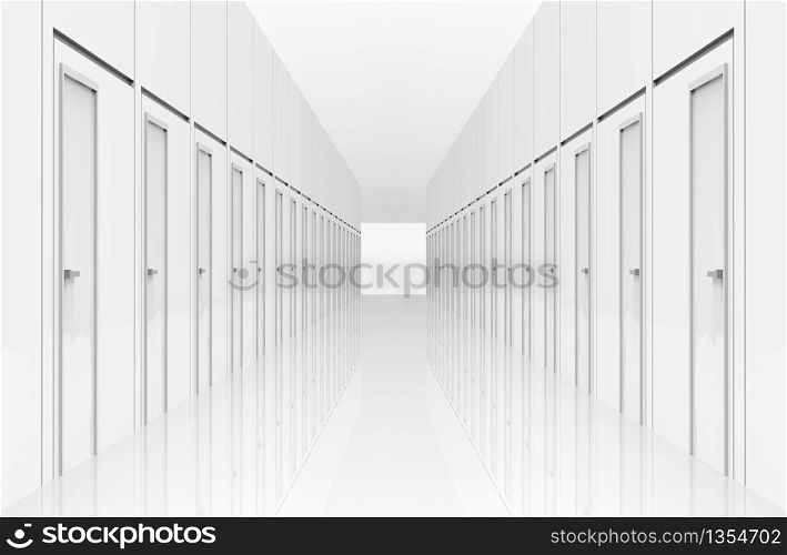 3d rendering. White Hallway doors with light and the end of the way. several Selection to the goal or success in business concept.