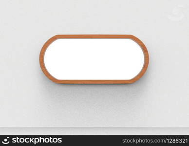 3d rendering. White mock up space on wooden oval shape frame on Gray cement wall background.