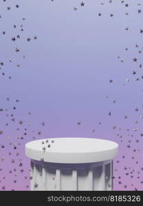 3D rendering White Pillar with Golden Stars Studio Shot Background. Pastel Purple and pink.  