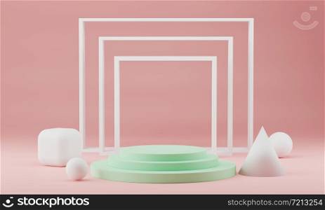 3D rendering white podium Geometric Shapes Abstract Minimal pink color Background.