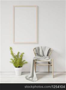 3d rendering white Poster frame mockup on the white wall ,wooden floor,chair and plant ,raw concrete wall