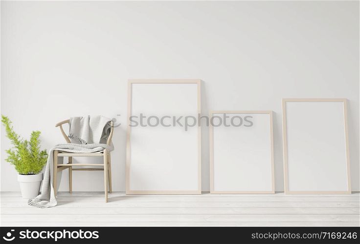 3d rendering white Poster frame mockup on the wooden floor ,raw concrete wall