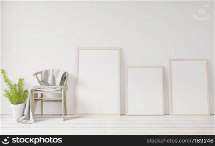 3d rendering white Poster frame mockup on the wooden floor ,raw concrete wall