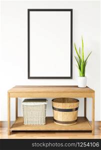 3d rendering white Poster frame mockupon the white wall,table,basket and plant on the wooden floor ,raw concrete wall