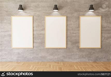 3d rendering White posters and frames hanging on the concrete wall background in the room,lights,wooden floor