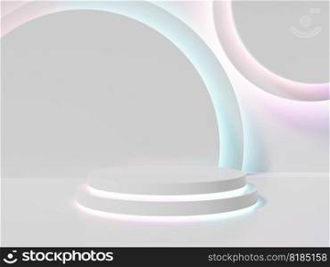 3D Rendering White Room Studio Shot Product Display Background with Geometric Shapes and Iridescent LED Platforms for Whitening Beauty, Cosmetics or Health Care Whitening Products.