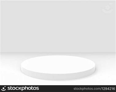 3d rendering. White slim cylinder turn table stage on gray floor with copy space background.