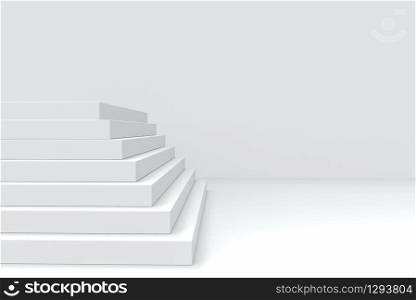 3d rendering. white square cement plate stair with copy space gray wall as background.