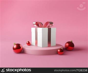 3D rendering white square gift box and metallic golden bow-ribbon concept pink background