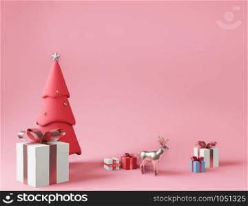 3D rendering white square gift box and metallic pink golden bow-ribbon concept pink background ,reindeer,christmas