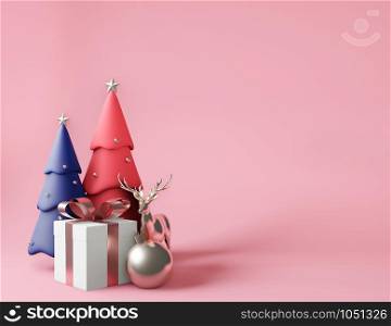 3D rendering white square gift box and metallic pink golden bow-ribbon concept pink background,balls, ,reindeer,christmas